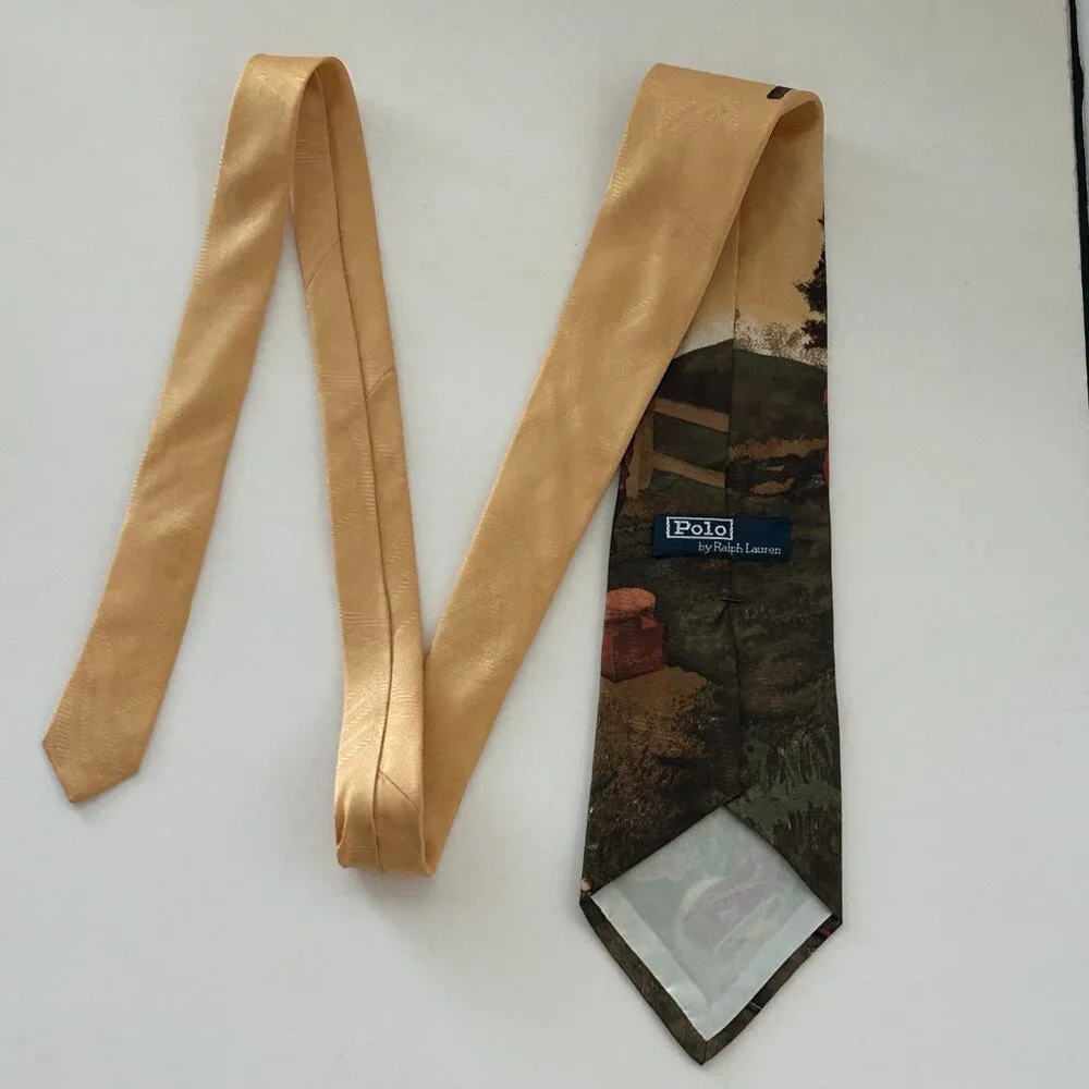 Polo By Ralph Lauren Golf Scene Neck Tie Gold Multicolor Silk Hand Made USA VTG